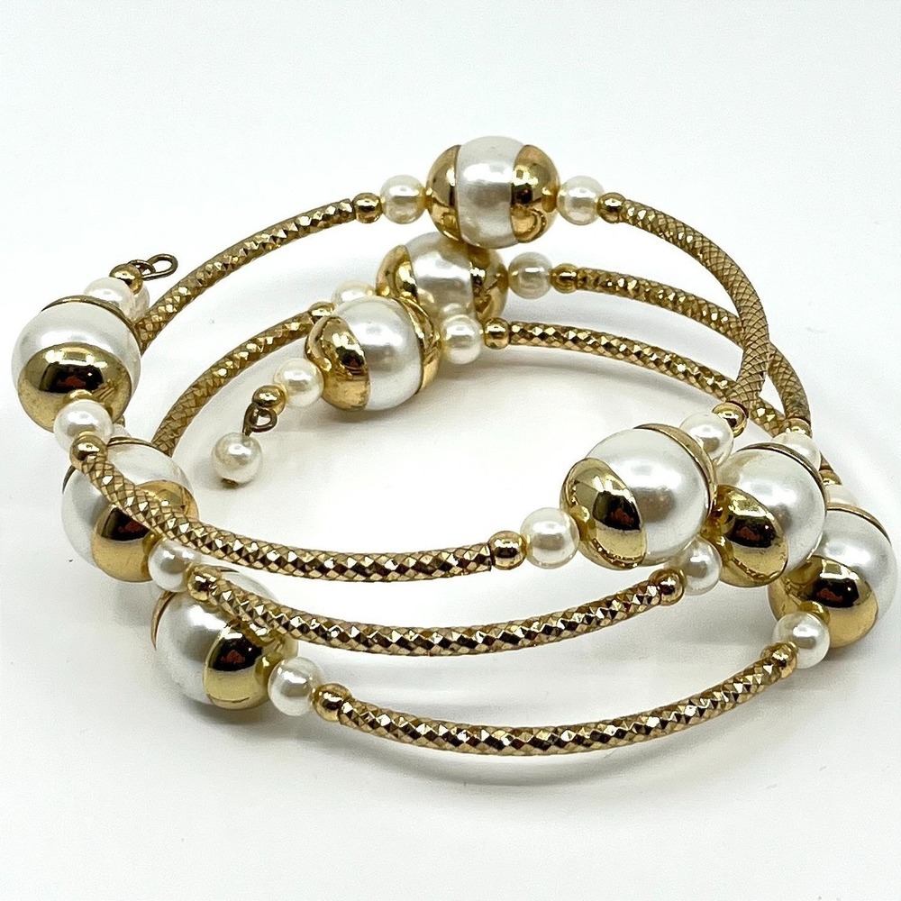 Vintage Retro Gold Tone Faux Pearl Multi-Strand Spiral Wrap Bracelet Elegant